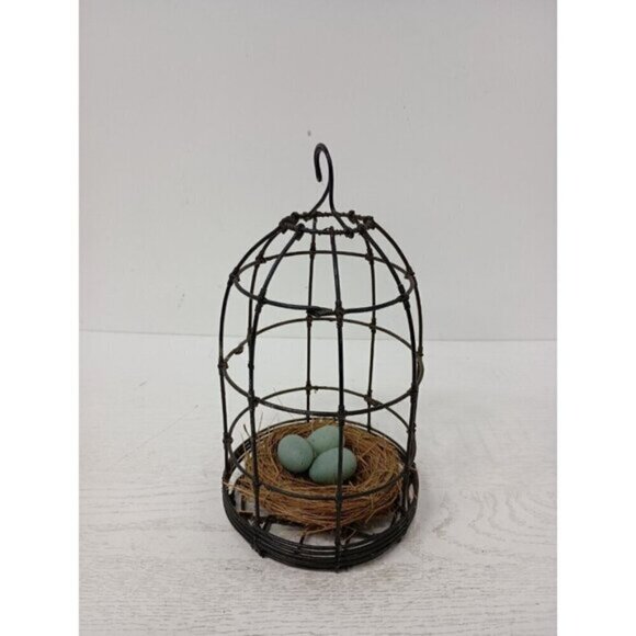 Vintage Metal Wire Cage With Bird Nest & Eggs Farmhouse Rustic Hanging Decor - Picture 4 of 9